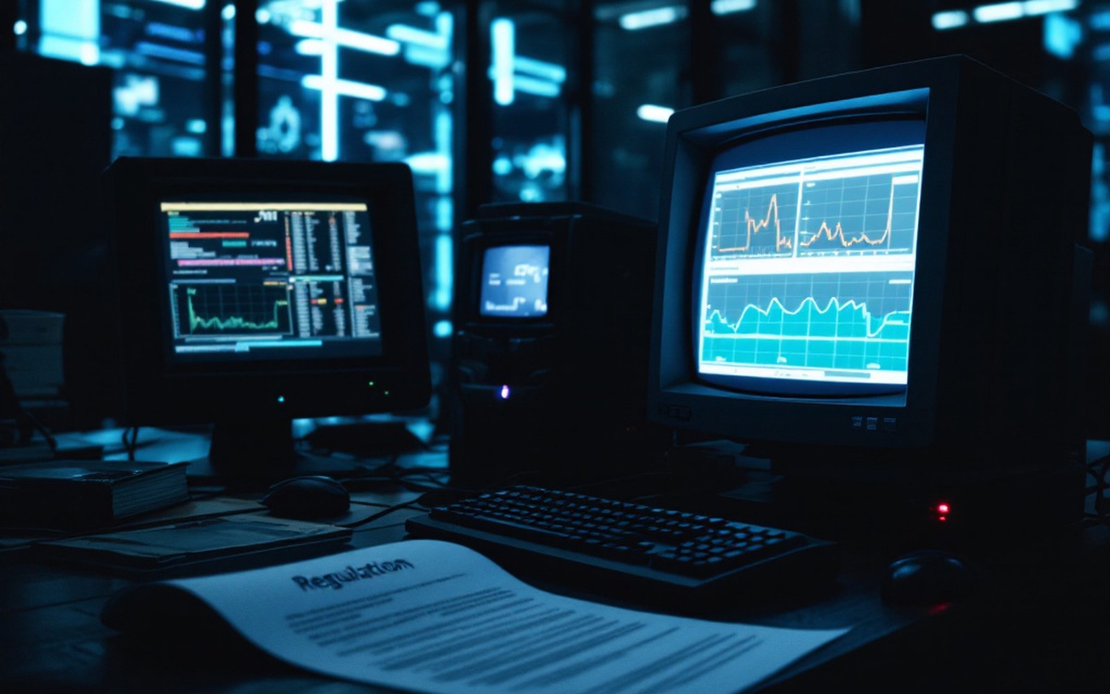 A printed regulation document on a desk beside a monitor